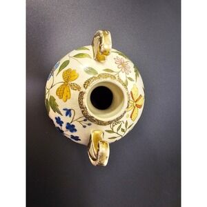 Vintage Hand Painted Floral Crackle Glaze Ceramic Amphora Vase Urn Gold Trm 5.5"